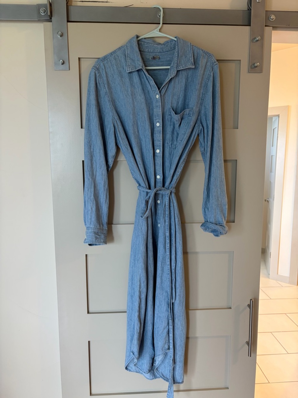 Faherty Light Blue denim Button‑Front Midi Shirt Dress with Tie Waist